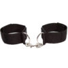 "Adjustable black ankle restraints with a metal connector clip, worn around ankles, paired with black high heels."