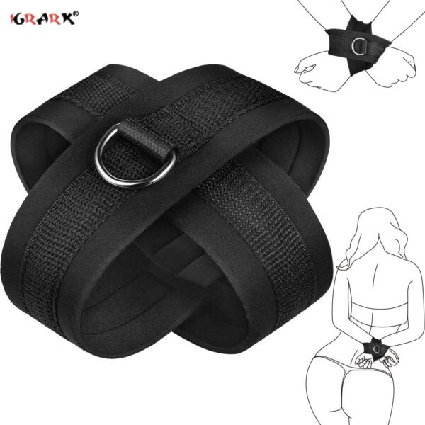 "Adjustable adhesive hand restraints made from durable black fabric with a metal ring, designed for secure and comfortable use during intimate moments."