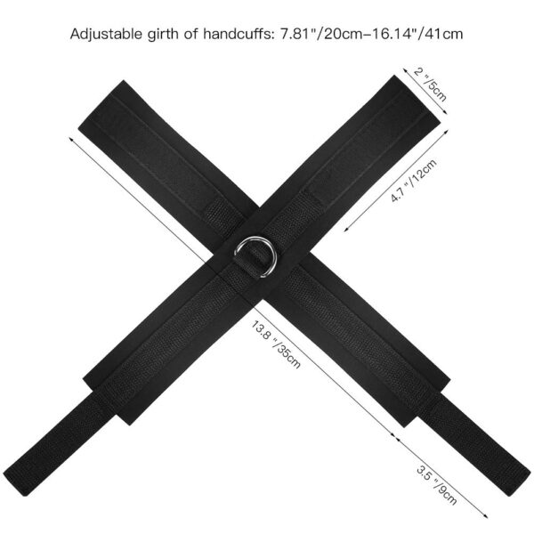 "Adjustable adhesive hand restraints made from durable black fabric with a metal ring, designed for secure and comfortable use during intimate moments."