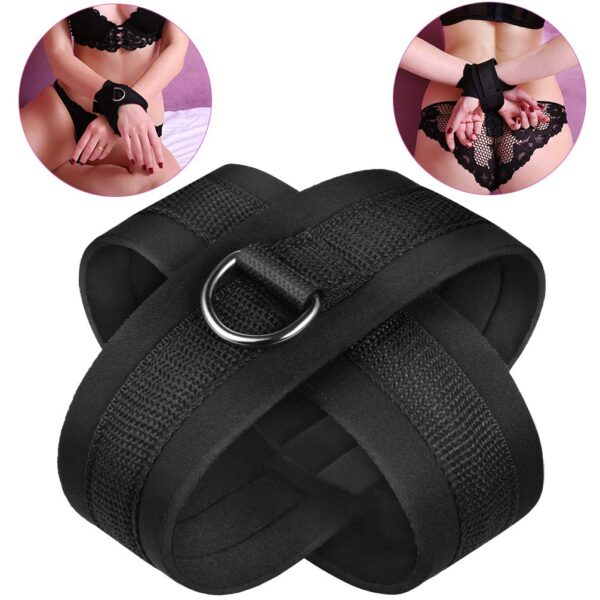 "Adjustable adhesive hand restraints made from durable black fabric with a metal ring, designed for secure and comfortable use during intimate moments."