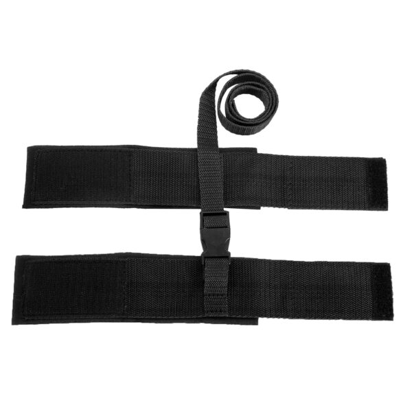"Black adjustable wrist restraints with a secure buckle connection, offering a comfortable and reliable fit for various uses."