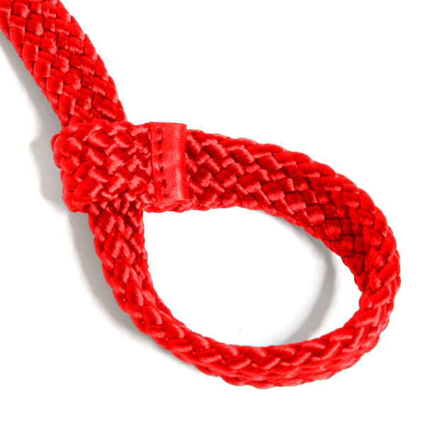 "Person kneeling on a white bed, wearing red lingerie, bound with black ropes connecting wrists and ankles."
