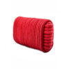 Two coiled ropes, one red and one black, placed side by side on a white background.