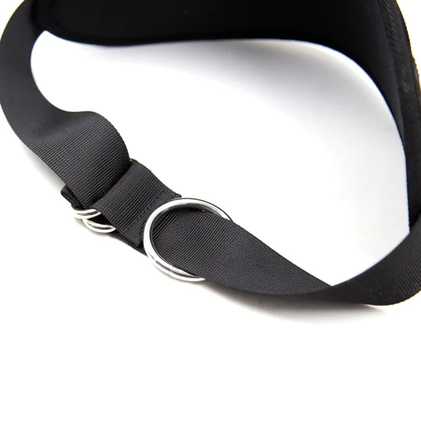 A person wearing a black bondage harness with attached wrist restraints, shown from the back.